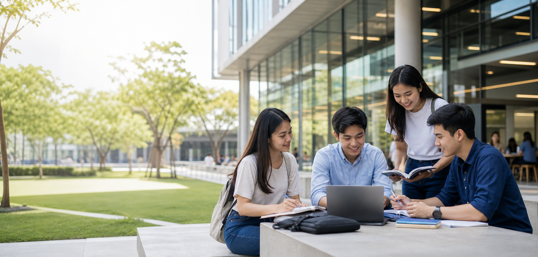University students studying together on a modern campus